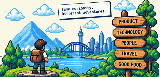 Pixel-art adventure scene with a traveller, Sydney skyline and signpost for product, technology, people, travel and good food
